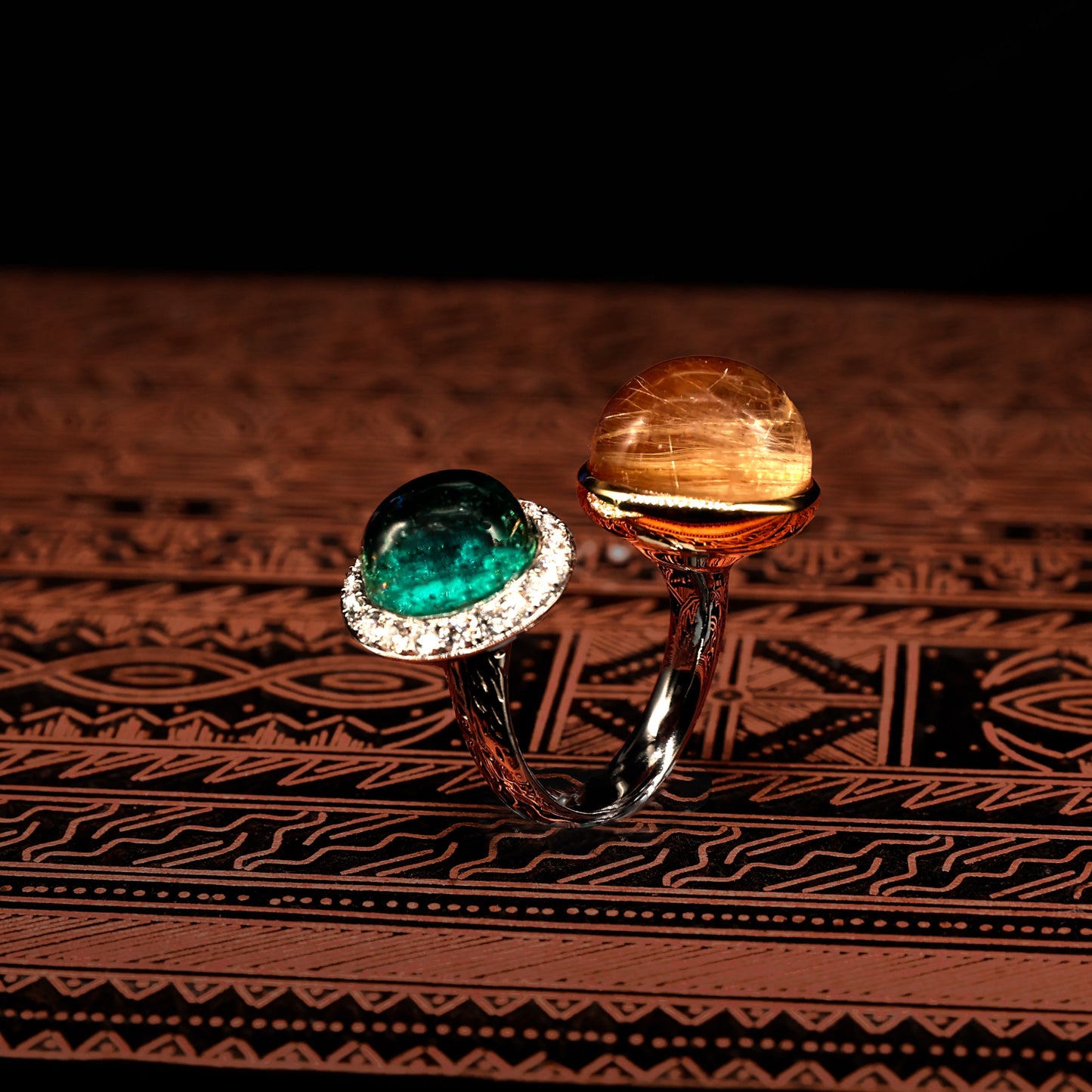 Tourmaline & Rutilated Quartz Open Diamond Ring