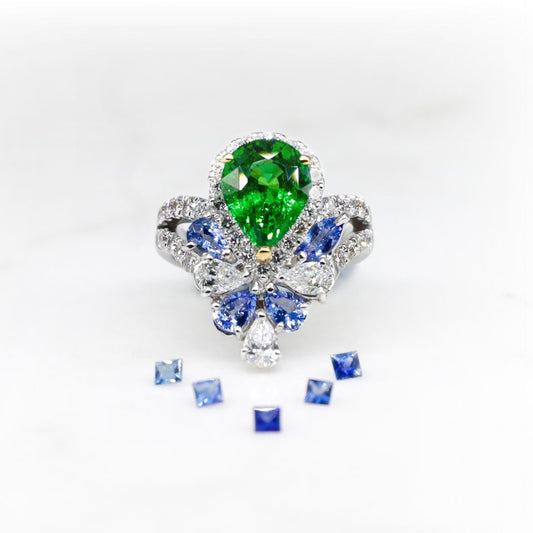 Tsavorite Garnet, Blue Sapphires and Diamond Ring