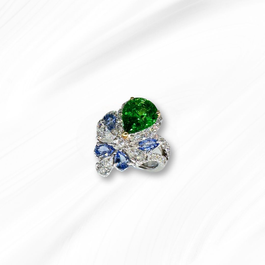 Tsavorite Garnet, Blue Sapphires and Diamond Ring