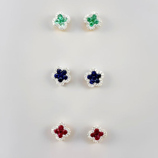 Classic Gemstone Clover Studs - Emerald, Ruby and Sapphire