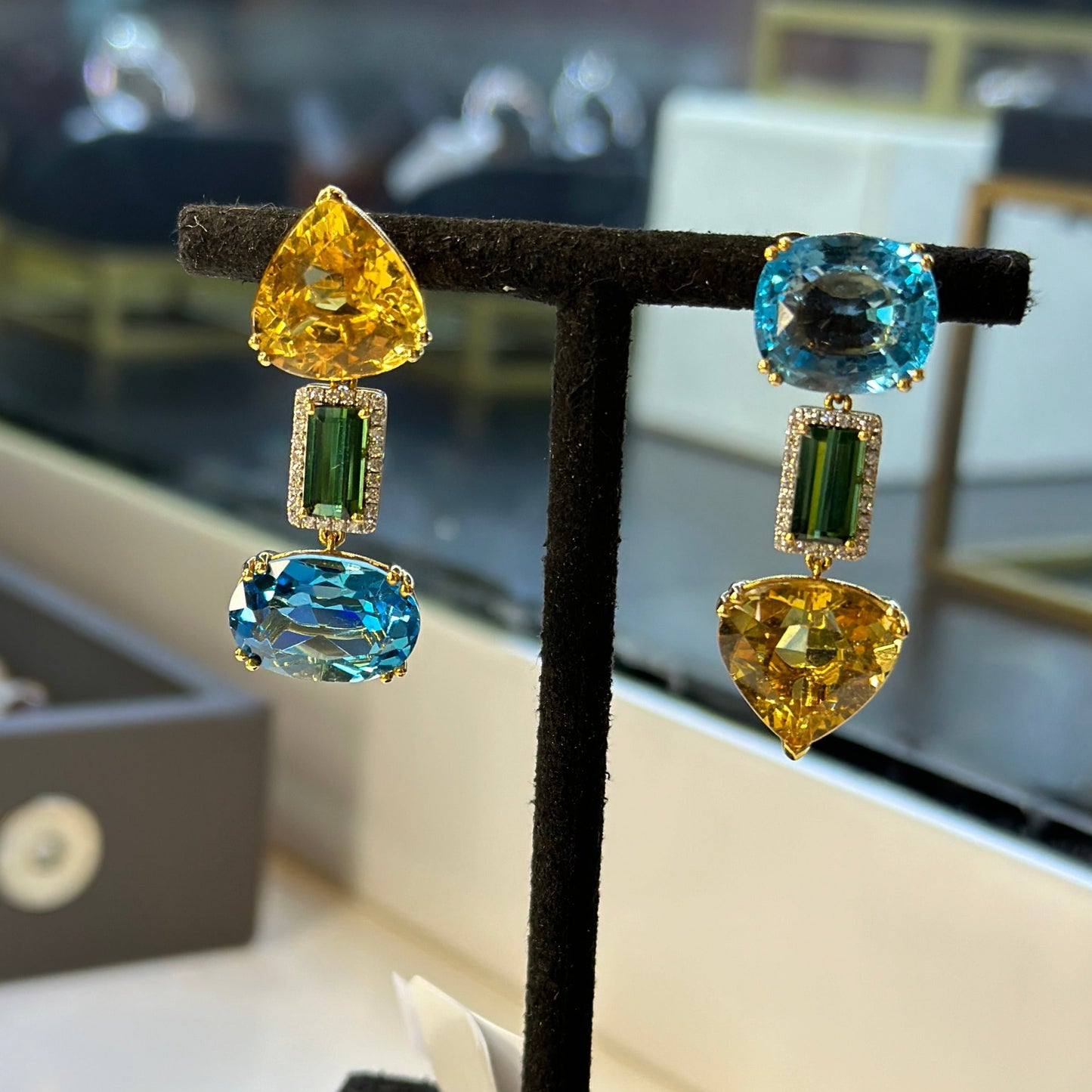 Swiss Blue Topaz, Golden Beryl and Tourmaline Earrings