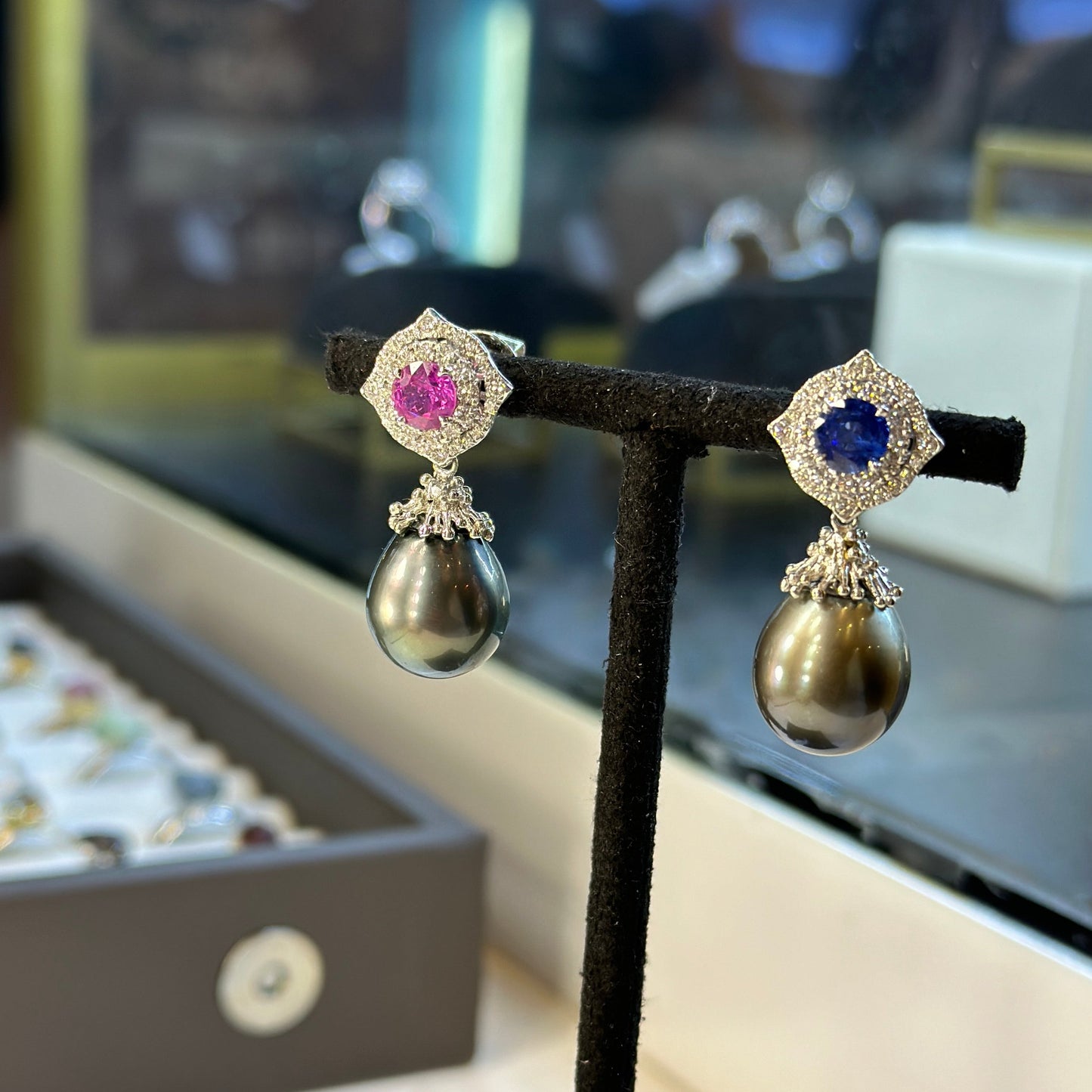 Pink & Blue Sapphire Diamond Earrings with Tahitian Pearl Danglers