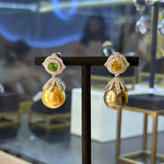 Yellow Sapphire & Tsavorite Garnet Diamond Halo Earrings with Detachable Gold & Tahitian Pearl Danglers