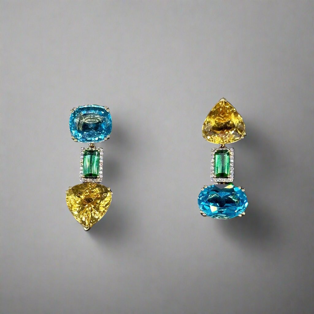 Swiss Blue Topaz, Golden Beryl and Tourmaline Earrings