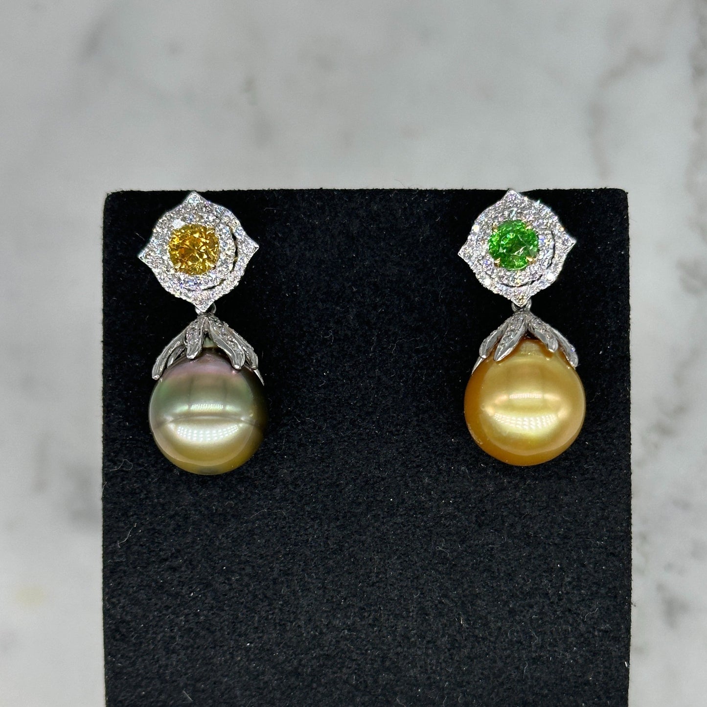 Yellow Sapphire & Tsavorite Garnet Diamond Halo Earrings with Detachable Gold & Tahitian Pearl Danglers