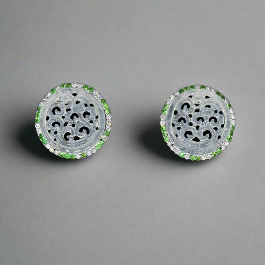 Carved Icy Jadeite Diamond and Tsavorite Garnet Earrings