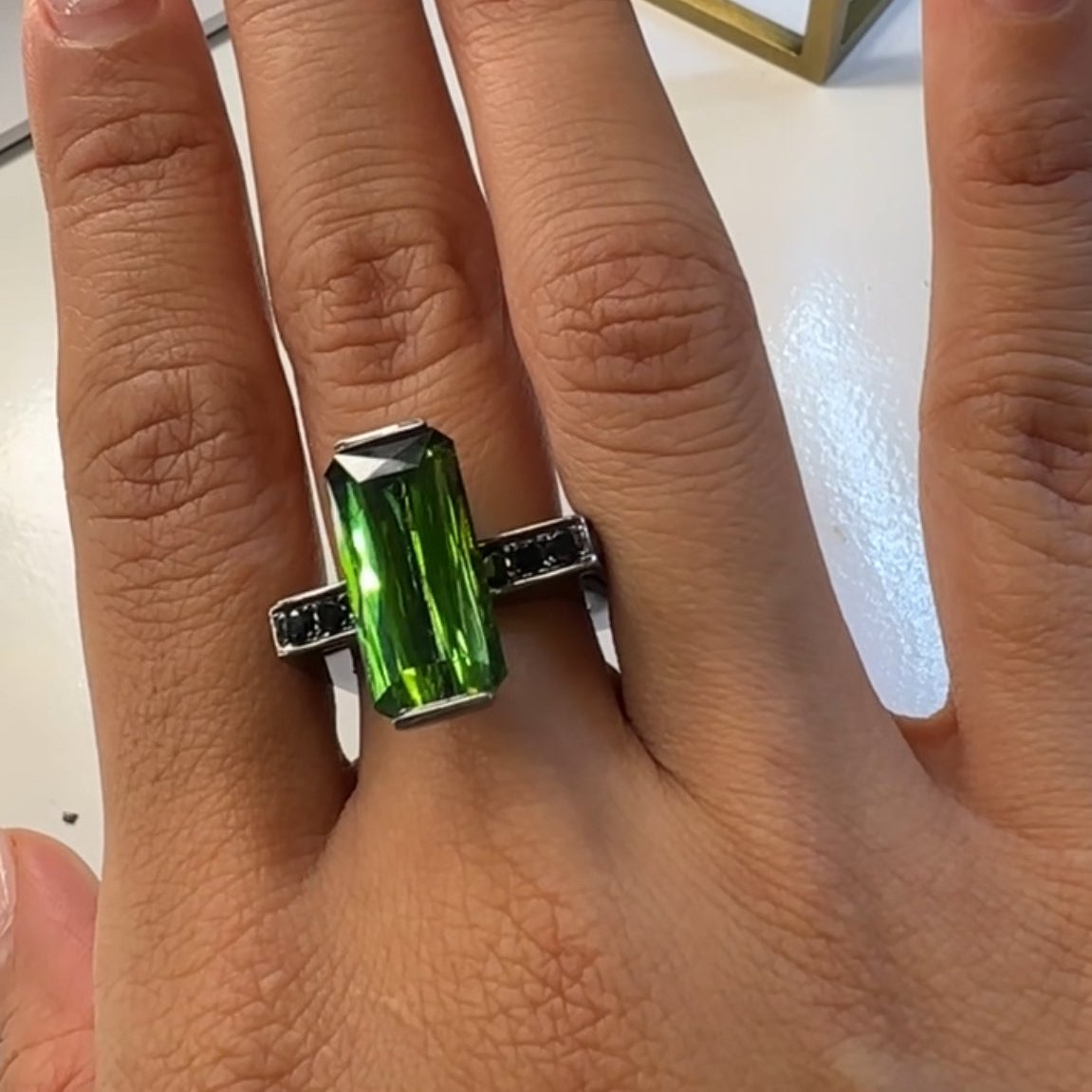 Vivid Green Tourmaline with Black Gold Ring