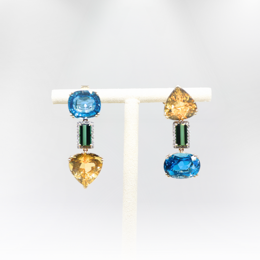 Swiss Blue Topaz, Golden Beryl and Tourmaline Earrings