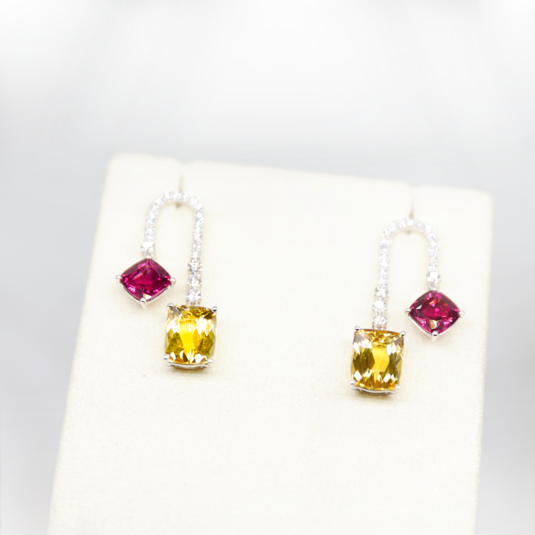 Golden Beryl and Rhodolite Garnet Earrings