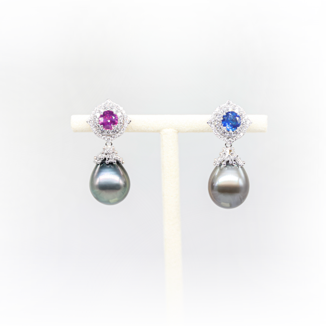 Pink & Blue Sapphire Diamond Earrings with Tahitian Pearl Danglers