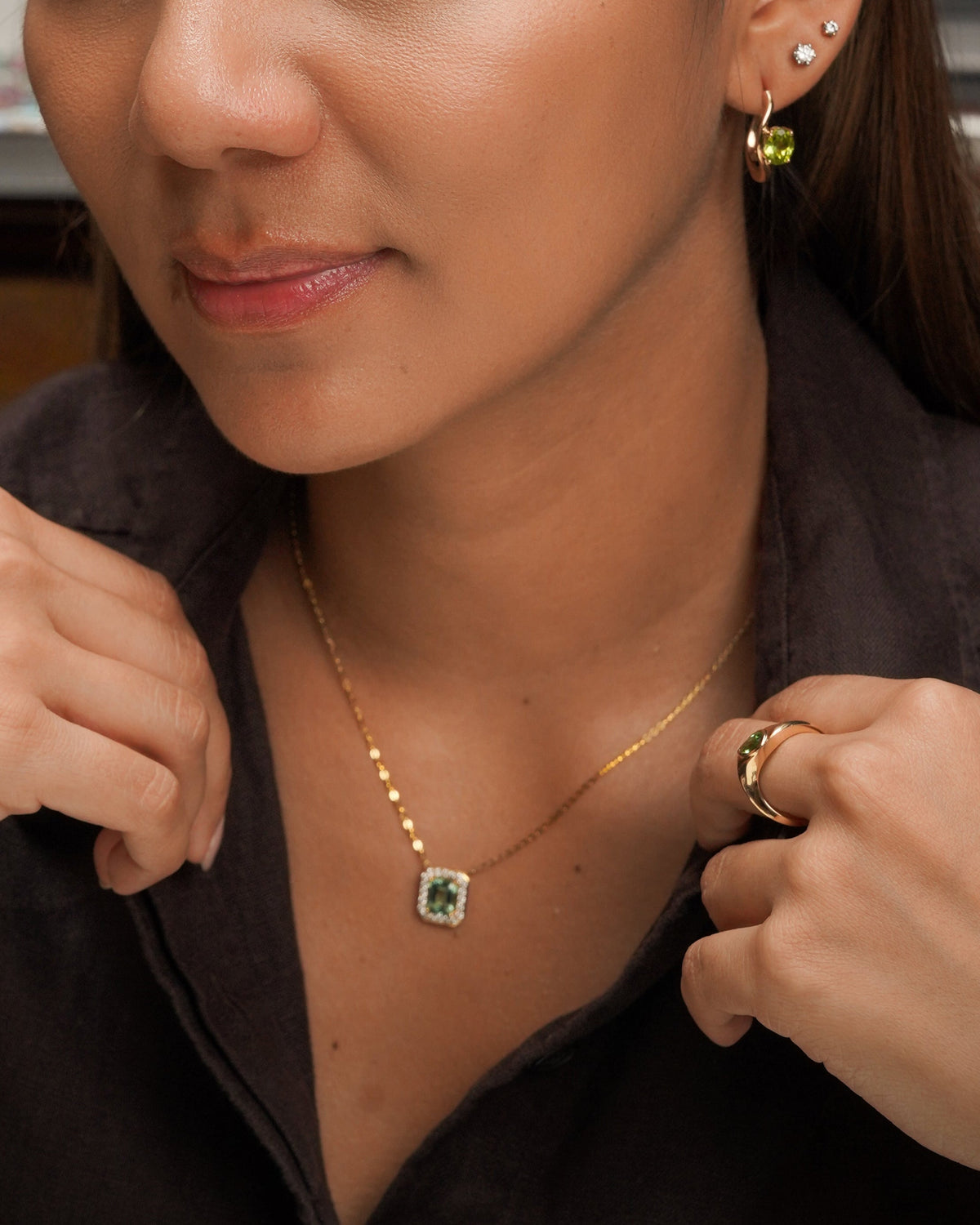ORIGINE Mint tourmaline Gallery pendant by Stefania’s Stones and MÉTIER as seen on model