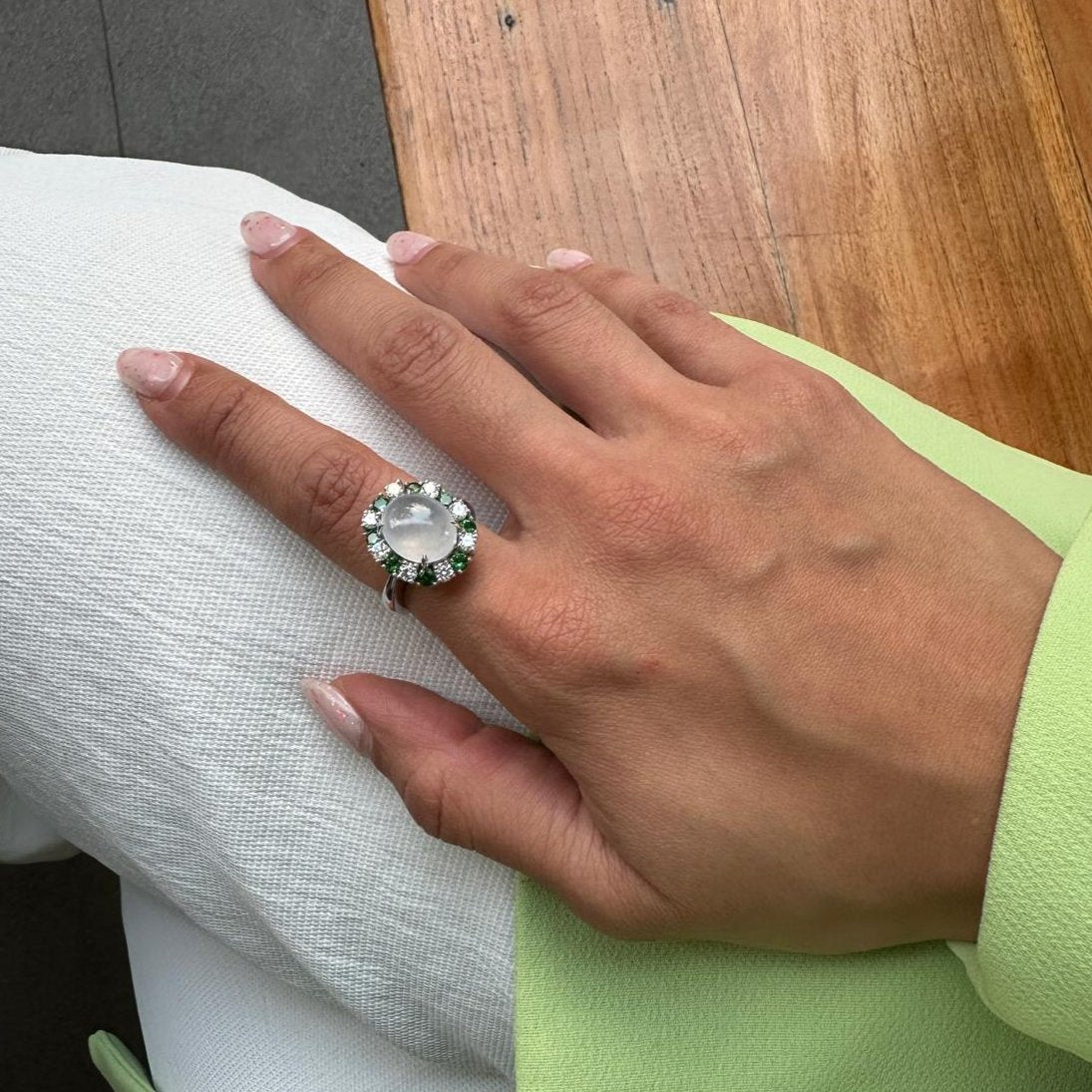 Icy Jadeite Cabochong Ring With Tsavorite and Diamond Halo