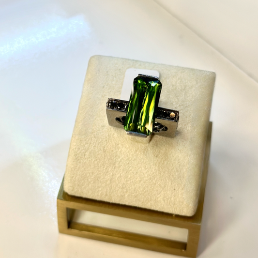 Vivid Green Tourmaline with Black Gold Ring