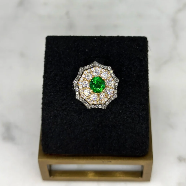 Tsavorite Garnet with Diamond Haloes Ring