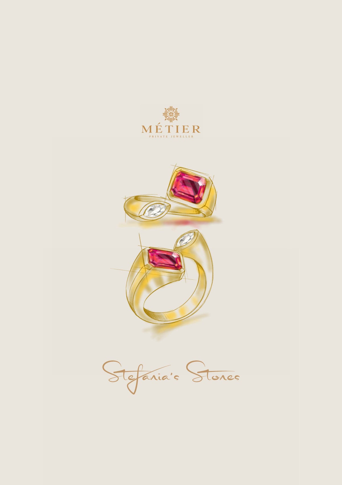 A sketch of Pink tourmaline Duet ring by Stefania’s Stones and MÉTIER